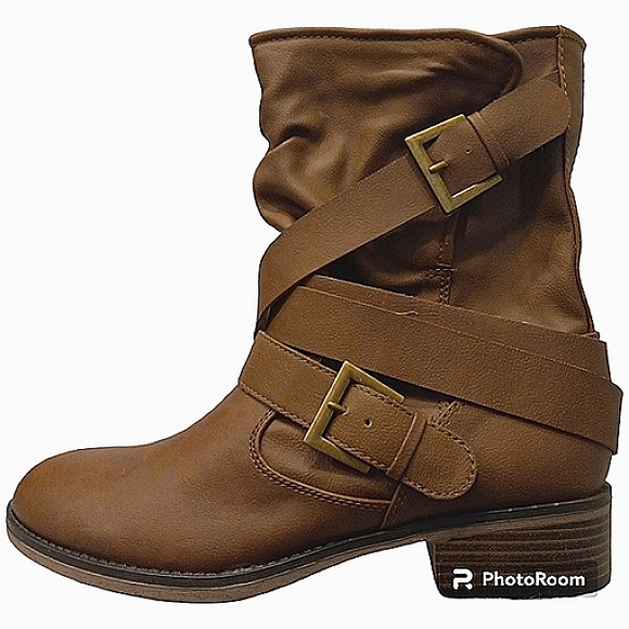 Western Moto Boot Pull On Mid Calf Wrap-around Strap with a Buckle Casual Comfy - Picture 1 of 15